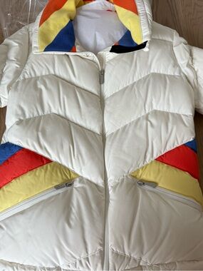 Perfect Moment Cream Puffer Ski Jacket with Colorblock Red, Yellow & Blue Accent